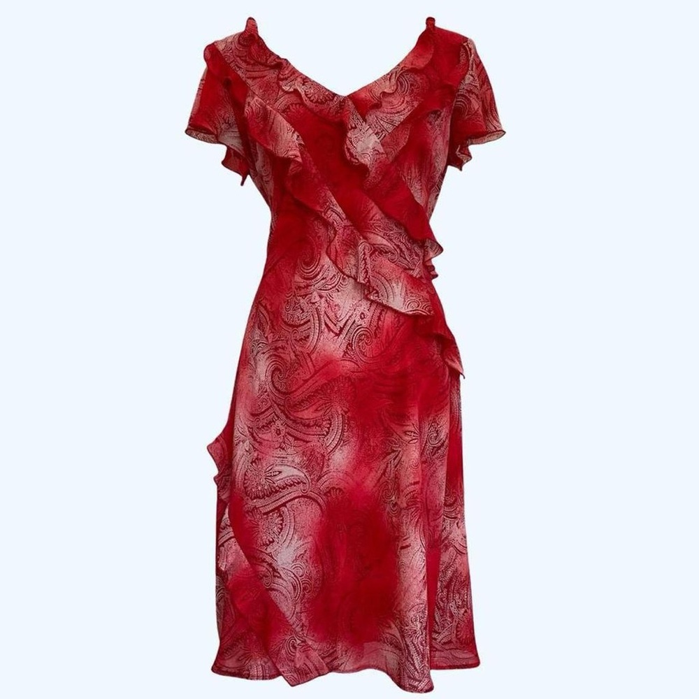 Red Pink Paisley Print Ruffle Midi Dress